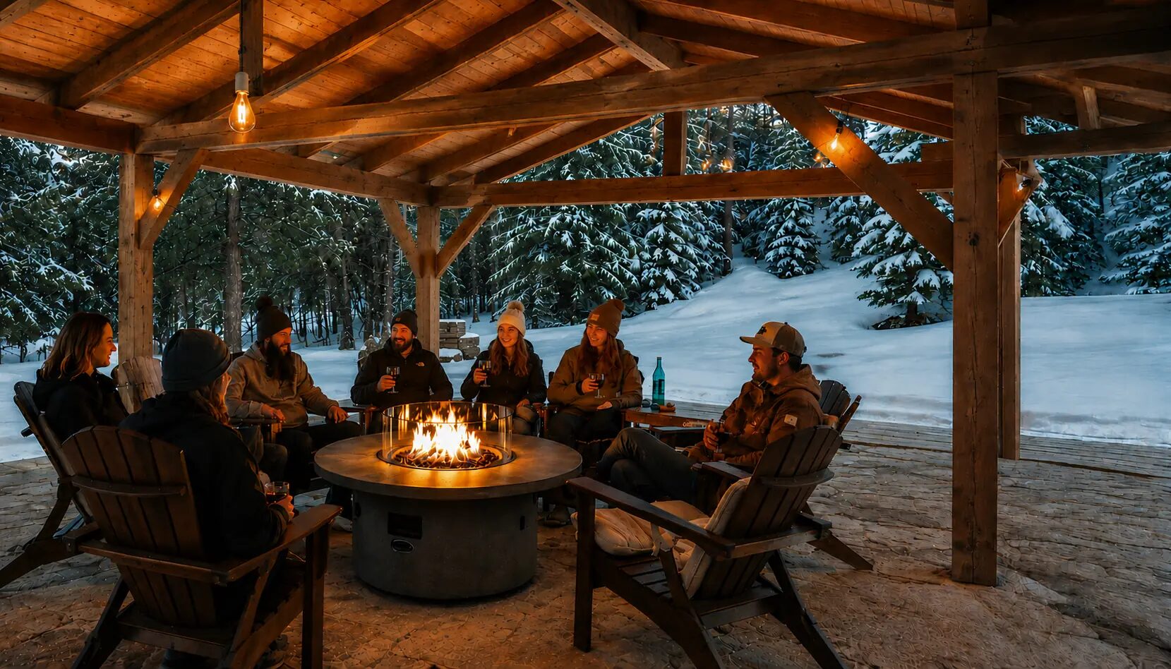 A group gathered around a fire pit on a snowy Whistler evening
